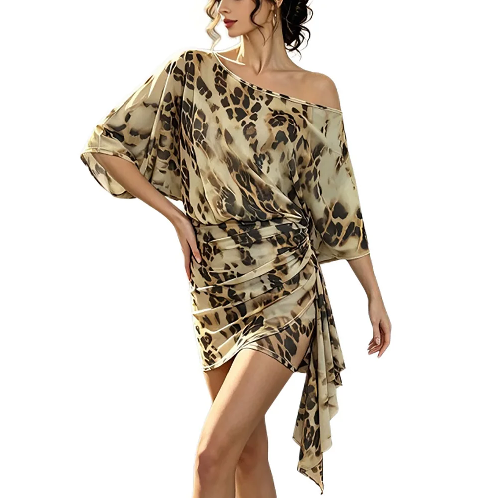 Leopard Satin Latin Competition Dress Off-the-Shoulder Batwing Short Sleeve Drawstring Ruched Tango Salsa Performance Mini Dress
Leopard Satin Latin Competition Dress Off-the-Shoulder Batwing Short Sleeve Drawstring Ruched Tango Salsa Performance Mini Dress