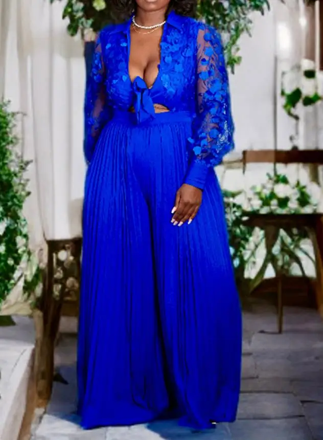 Jacquard Transparent Mesh Patch Lapel Jumpsuit Summer Women's Sexy Elegant Lace Up Pleated High Waisted Bell Bottom Jumpsuit
Jacquard Transparent Mesh Patch Lapel Jumpsuit Summer Women's Sexy Elegant Lace Up Pleated High Waisted Bell Bottom Jumpsuit