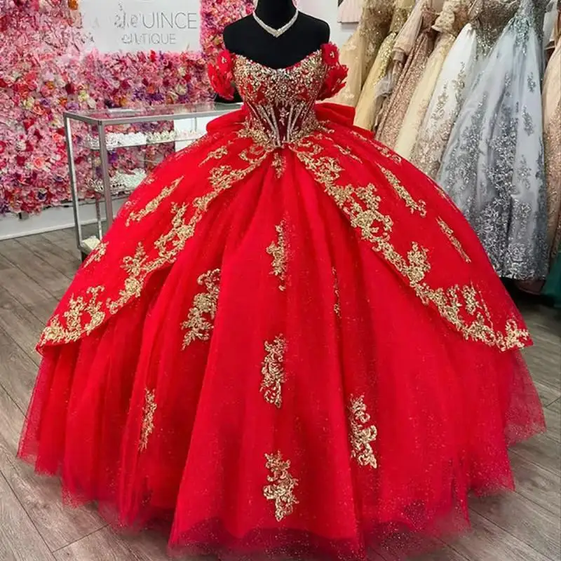 Customized Red Off The Shoulder Bow Ruffles Quinceanera Dresses Ball Gown Gold Appliques Lace Sweet 15 Años Mexican
Customized Red Off The Shoulder Bow Ruffles Quinceanera Dresses Ball Gown Gold Appliques Lace Sweet 15 Años Mexican