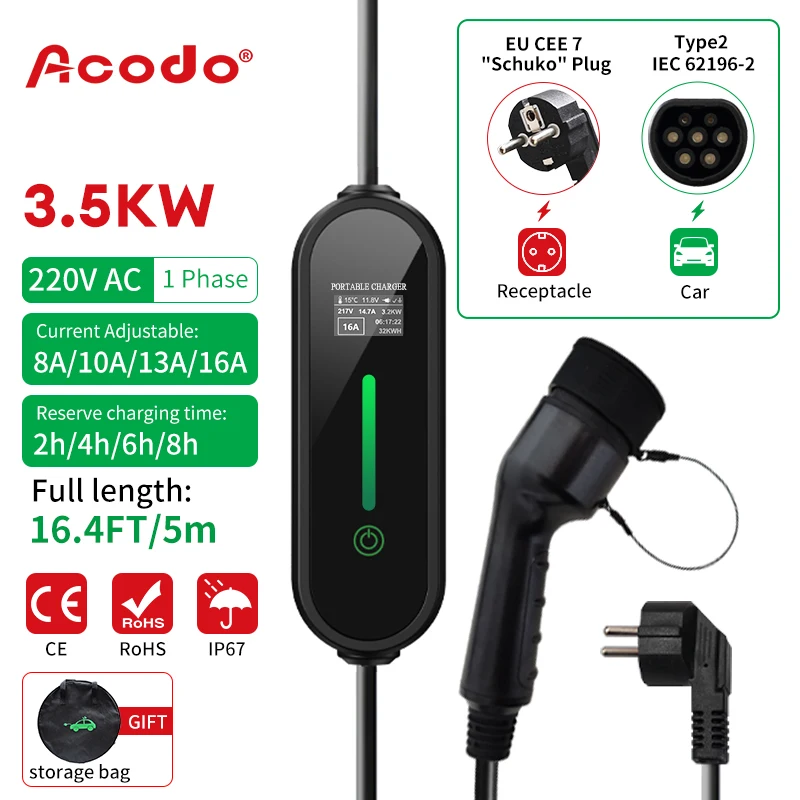 Portable EV Charger Type 1 To Type 2 Cable 3.5kw Adjustable Current Wallbox With CEE Plug 5M Cable For Electric Vehicle Charging
Portable EV Charger Type 1 To Type 2 Cable 3.5kw Adjustable Current Wallbox With CEE Plug 5M Cable For Electric Vehicle Charging