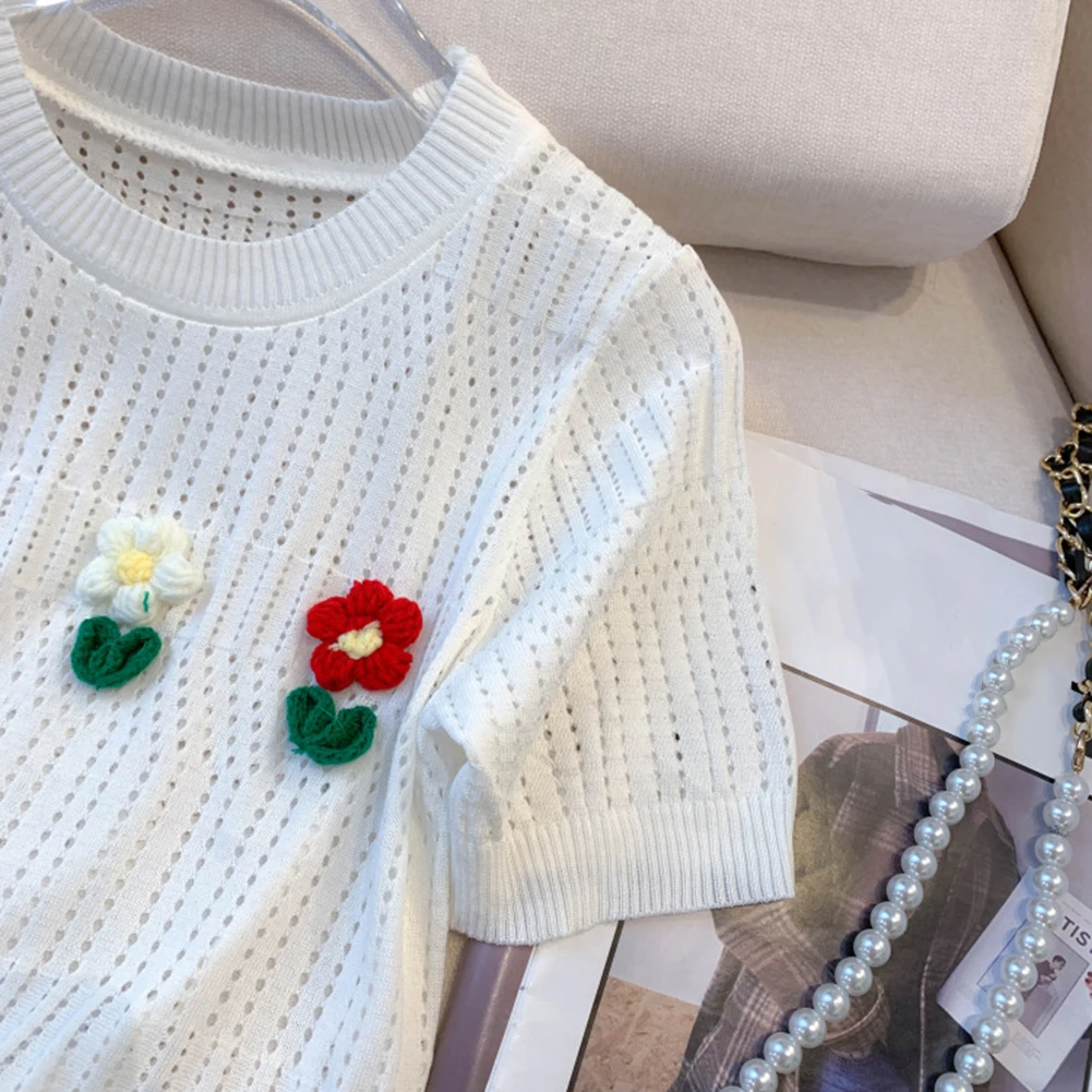 Knitted Flower Top for Women Crew Neck Short Sleeve Pullover Sweater Hollow Design Casual T Shirt Vacation Style
Knitted Flower Top for Women Crew Neck Short Sleeve Pullover Sweater Hollow Design Casual T Shirt Vacation Style