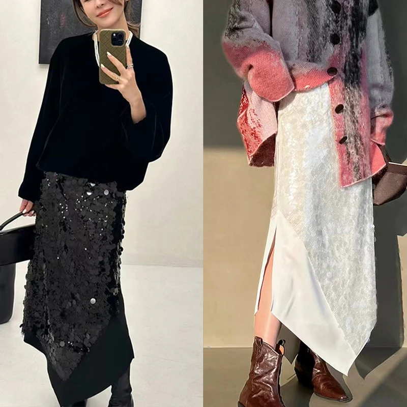 Slim Fit Midi Skirt with Large Sequins Black White Asymmetrical Hemline High Waist Pure Color Splendor Spring 2024 Fashion
Slim Fit Midi Skirt with Large Sequins Black White Asymmetrical Hemline High Waist Pure Color Splendor Spring 2024 Fashion