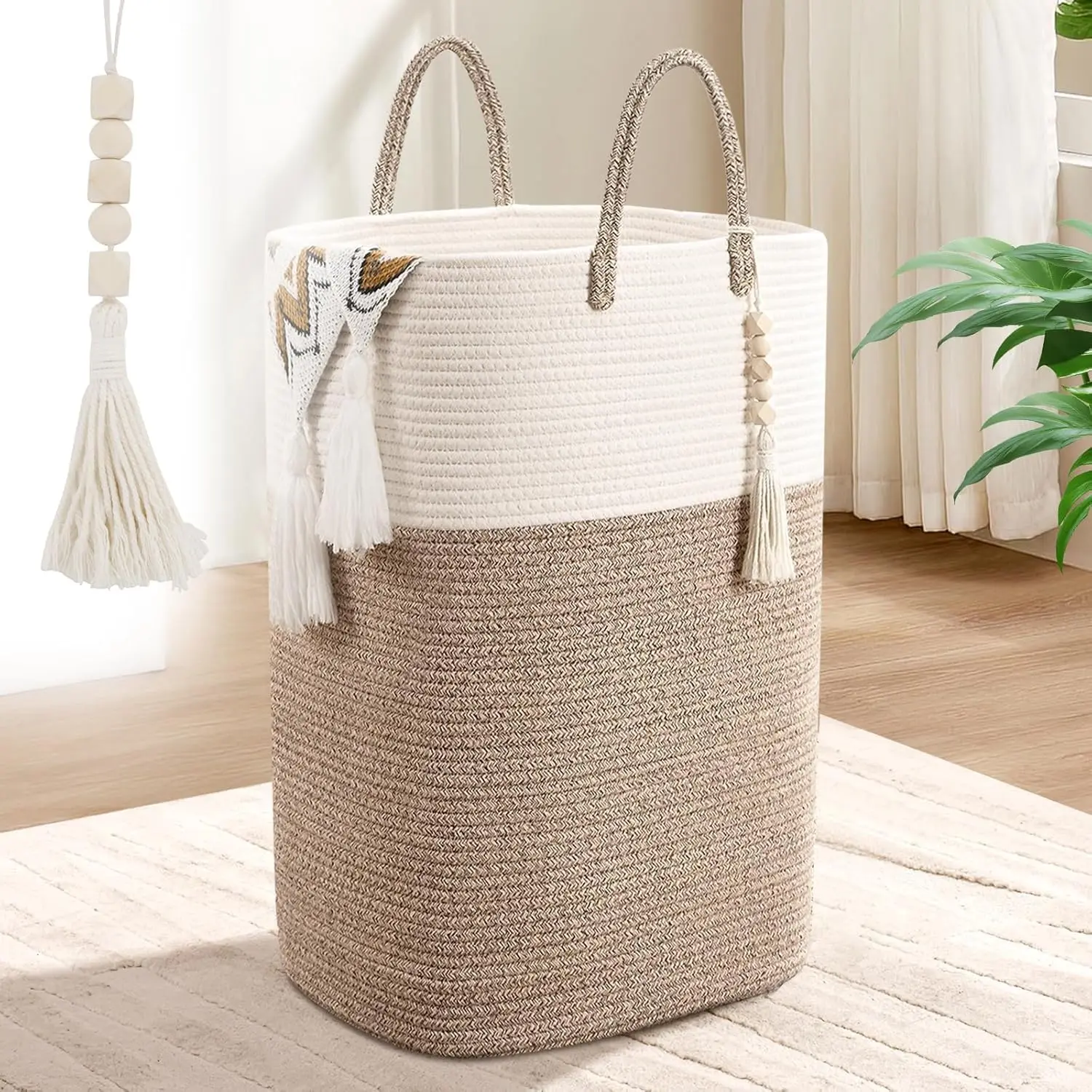 65L Woven Laundry Basket with Wood Bead Tassel, Large Rectangle Hamper for Clothes, Toys, Nursery & Bedroom Storage, Boho Laundry Room Organization
65L Woven Laundry Basket with Wood Bead Tassel, Large Rectangle Hamper for Clothes, Toys, Nursery & Bedroom Storage, Boho Laundry Room Organization