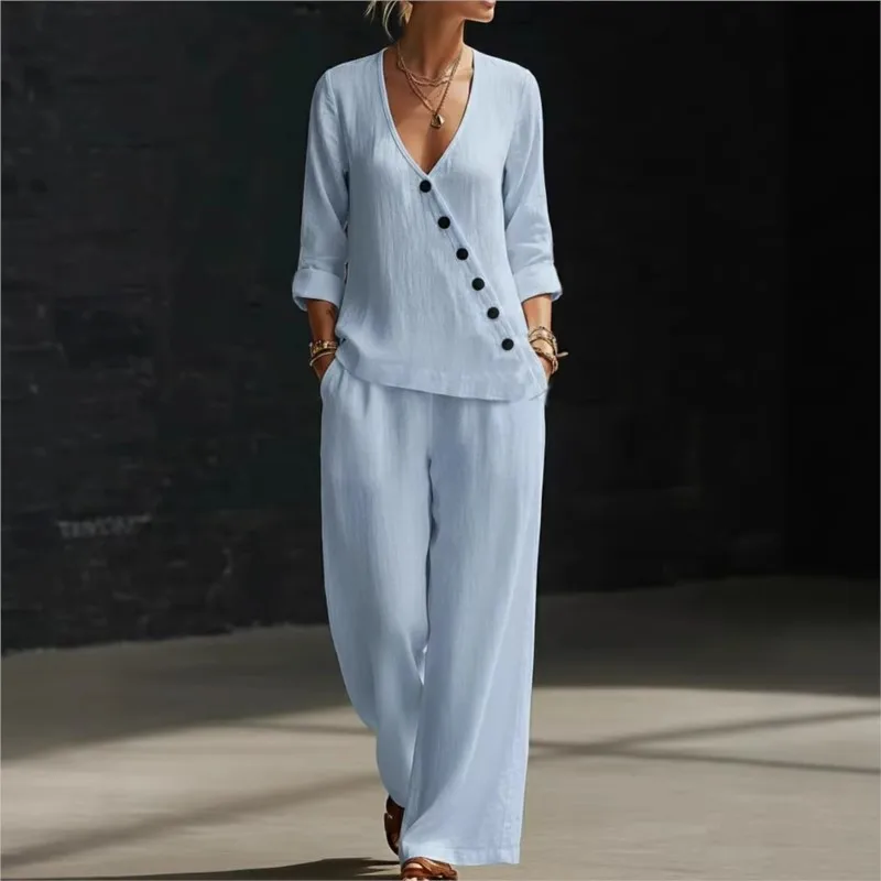 Fashion V-neck Long Sleeved Diagonal Buckle Shirt High Waist Pocket Wide Leg Pants 2-piece Set Women's Summer New Party Suit
Fashion V-neck Long Sleeved Diagonal Buckle Shirt High Waist Pocket Wide Leg Pants 2-piece Set Women's Summer New Party Suit