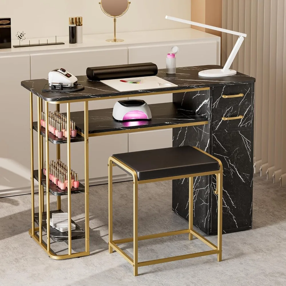Metal frame nail technology table with 2 drawers and 3 shelves, 1 cabinet, salon beauty workstation with wrist pad, gold handle
Metal frame nail technology table with 2 drawers and 3 shelves, 1 cabinet, salon beauty workstation with wrist pad, gold handle