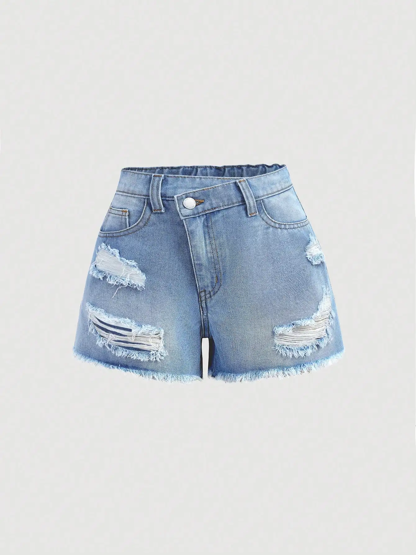 Blue Denim Asymmetrical Waist Ripped Fitted Shorts
Blue Denim Asymmetrical Waist Ripped Fitted Shorts