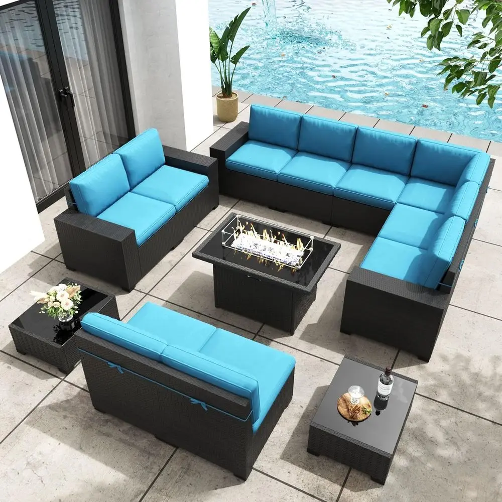 13-Piece Outdoor Wicker Sectional Sofa Set with Fire Pit Table, All-Weather Resistant
13-Piece Outdoor Wicker Sectional Sofa Set with Fire Pit Table, All-Weather Resistant