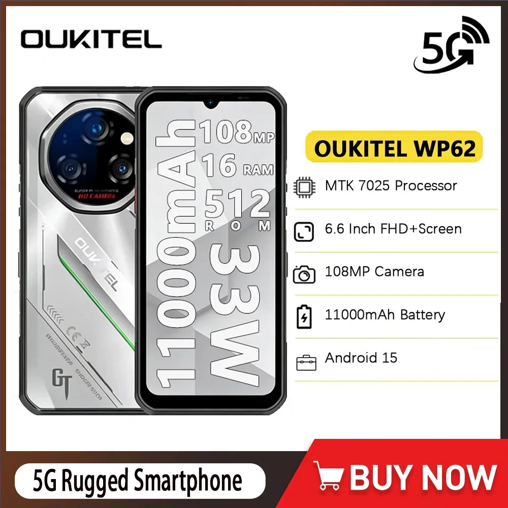 Oukitel WP62 5G Rugged Phone MTK 7025 6.6" FHD+ 256GB/512GB ROM Mobile Phone 11000mAh Battery 108MP NFC Smartphone Android 15
Oukitel WP62 5G Rugged Phone MTK 7025 6.6" FHD+ 256GB/512GB ROM Mobile Phone 11000mAh Battery 108MP NFC Smartphone Android 15