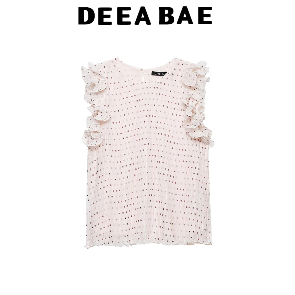 DEEABAE Summer new women's elegant style sleeveless round neck polka dot pleated decoration lotus leaf sleeve top
DEEABAE Summer new women's elegant style sleeveless round neck polka dot pleated decoration lotus leaf sleeve top