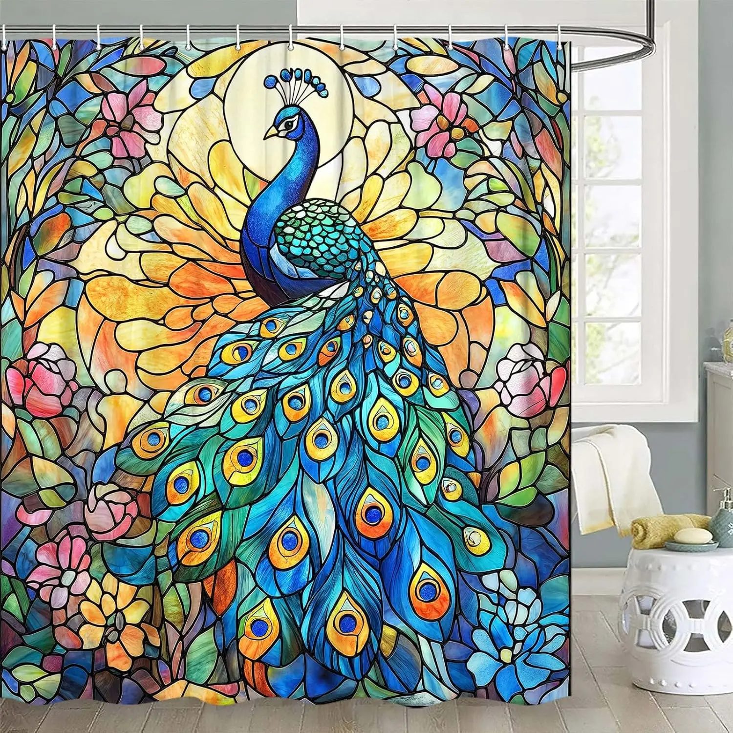 Boho Stained Glass Shower Curtain with Floral Fabric and 12 Hooks for Bathroom Decor, 69x70 Inches
Boho Stained Glass Shower Curtain with Floral Fabric and 12 Hooks for Bathroom Decor, 69x70 Inches
