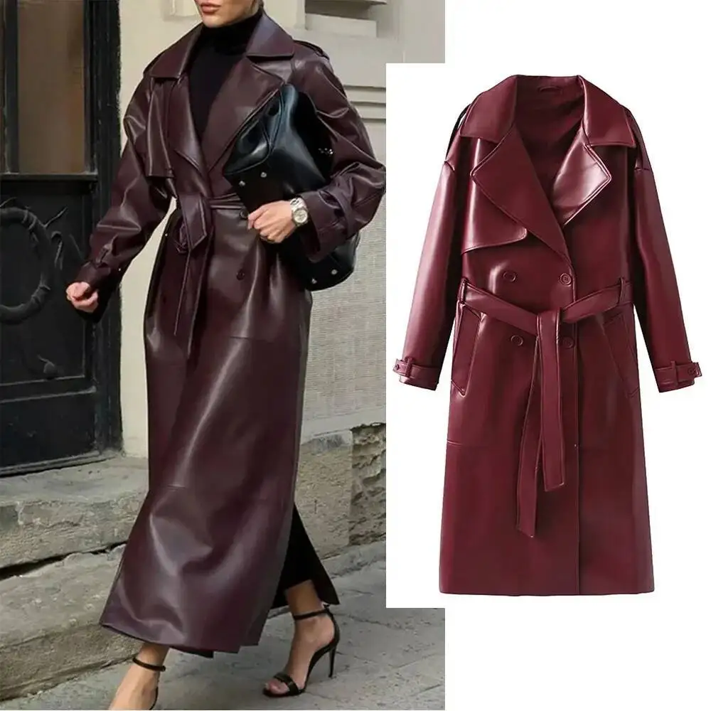 Autumn Winter Bury Lace Up Matte Leather Jackets Women's Lace-Up Faux Trench Coat Retro Lapel Long-Sleeved Loose Overcoat
Autumn Winter Bury Lace Up Matte Leather Jackets Women's Lace-Up Faux Trench Coat Retro Lapel Long-Sleeved Loose Overcoat