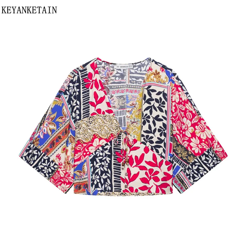 KEYANKETIAN Summer New Ethnic style Beading Lace Up V-Neck Colorful Floral Print Shirt Women's Batwing Sleeve Loose Crop Blouse
KEYANKETIAN Summer New Ethnic style Beading Lace Up V-Neck Colorful Floral Print Shirt Women's Batwing Sleeve Loose Crop Blouse