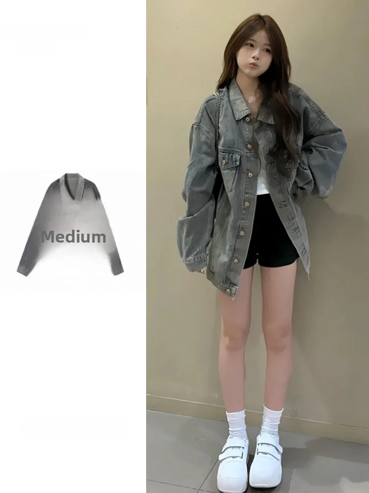 Retro American Large Size Denim Jacket Women's Spring Autumn Loose Blue Washed Outwear Torn Trendy Short Coat Button Closure
Retro American Large Size Denim Jacket Women's Spring Autumn Loose Blue Washed Outwear Torn Trendy Short Coat Button Closure