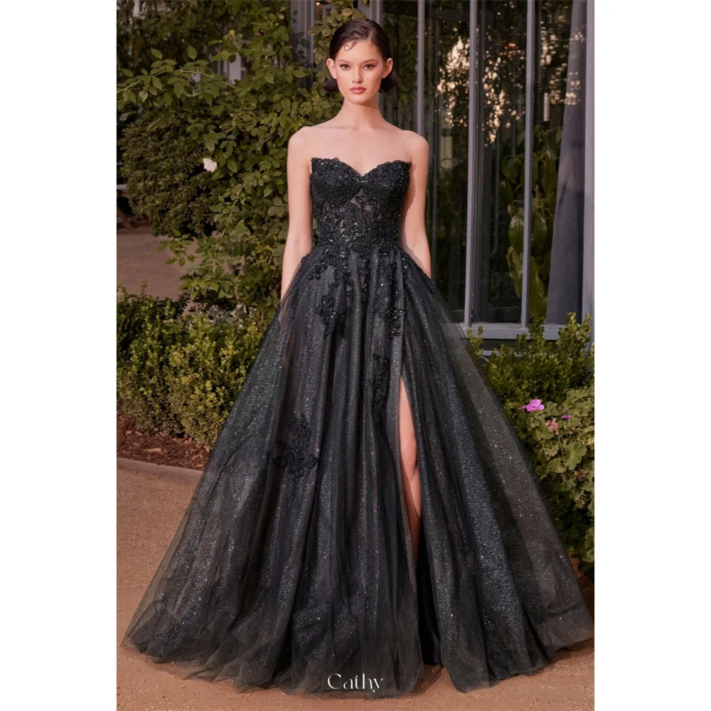 Cathy Customized Strapless Sequinned Appliques Prom Dresses Side High Split Beading vestidos de noiva A-Line Tulle Evening Dress
Cathy Customized Strapless Sequinned Appliques Prom Dresses Side High Split Beading vestidos de noiva A-Line Tulle Evening Dress