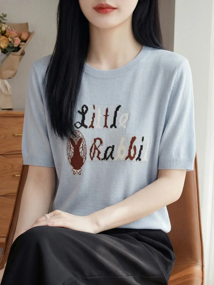 Slimming Comfortable round Neck Short Sleeve Knitted Top Women's Letter Print Loose Fit Summer Casual Style Soft Fabric T-Shirt
Slimming Comfortable round Neck Short Sleeve Knitted Top Women's Letter Print Loose Fit Summer Casual Style Soft Fabric T-Shirt
