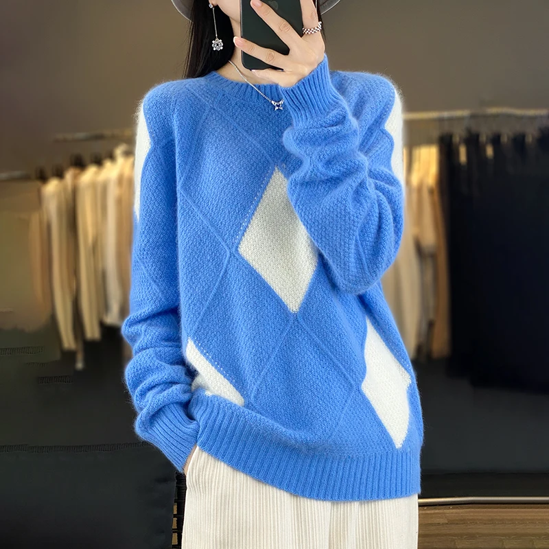 Diamond Grid Color Block Round Neck Women's Sweater 100% Pure Wool Knitted Top Autumn Winter New Comfortable Warm Pullover
Diamond Grid Color Block Round Neck Women's Sweater 100% Pure Wool Knitted Top Autumn Winter New Comfortable Warm Pullover