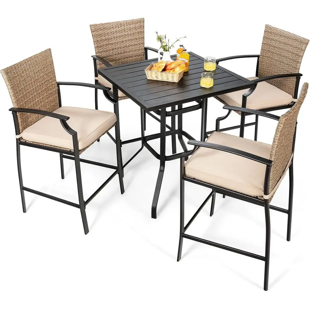 5-Piece Rattan Outdoor Bar Set with 4 Wicker Stools and Steel Table, Beige Cushions, Suitable for Patio, Courtyard, or Poolside
5-Piece Rattan Outdoor Bar Set with 4 Wicker Stools and Steel Table, Beige Cushions, Suitable for Patio, Courtyard, or Poolside