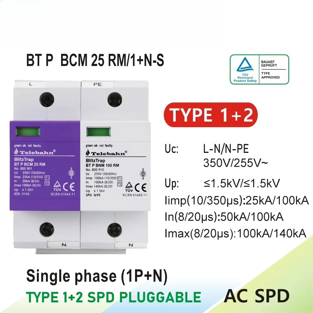TUV Certified AC SPD 25kA 10/350μs IP20 1P+NPE Single Phase TVSS Surge Overvoltage Protection of Low Voltage Systems
TUV Certified AC SPD 25kA 10/350μs IP20 1P+NPE Single Phase TVSS Surge Overvoltage Protection of Low Voltage Systems