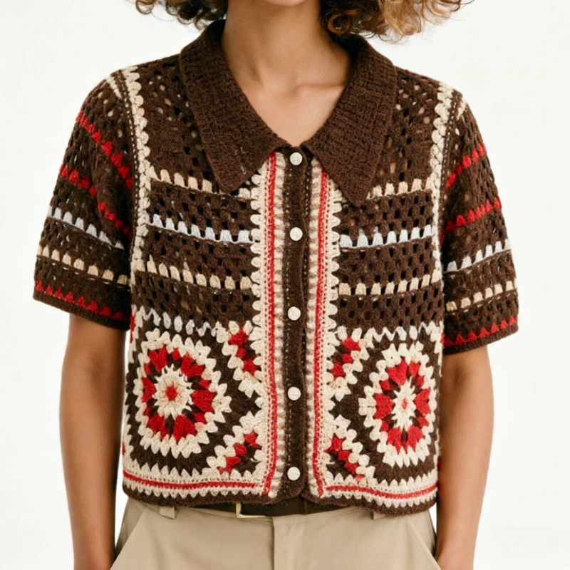 Crochet Cardigan Women Boho Granny Square Knit Button Up Short Sleeve Polo Shirt Blouse Boho Summer Tops Resort Wear
Crochet Cardigan Women Boho Granny Square Knit Button Up Short Sleeve Polo Shirt Blouse Boho Summer Tops Resort Wear