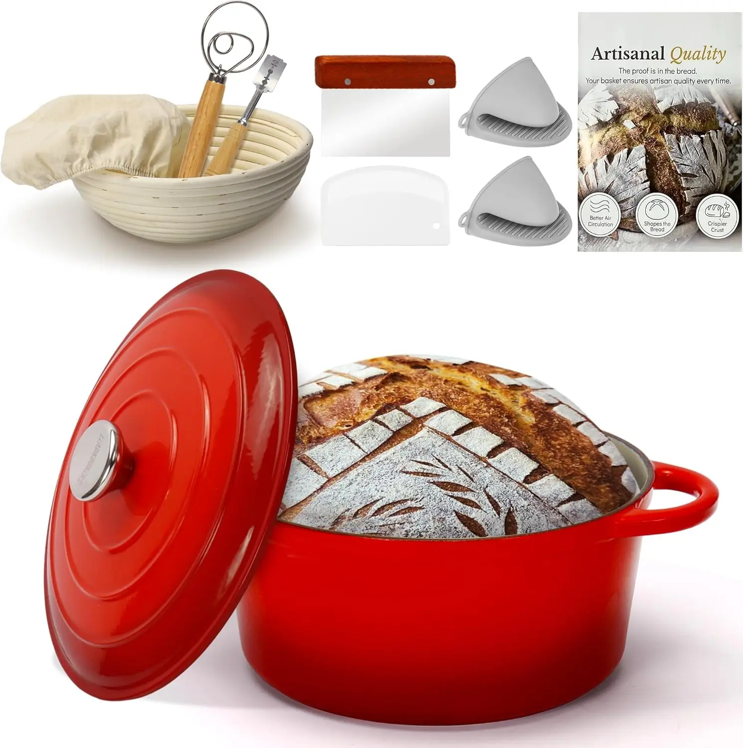 5QT Enameled Cast Iron Dutch Oven for Bread Baking, Sourdough Set with Proofing Basket, Heavy-Duty Cookware for Braising, Stews, Roasting (Red)
5QT Enameled Cast Iron Dutch Oven for Bread Baking, Sourdough Set with Proofing Basket, Heavy-Duty Cookware for Braising, Stews, Roasting (Red)