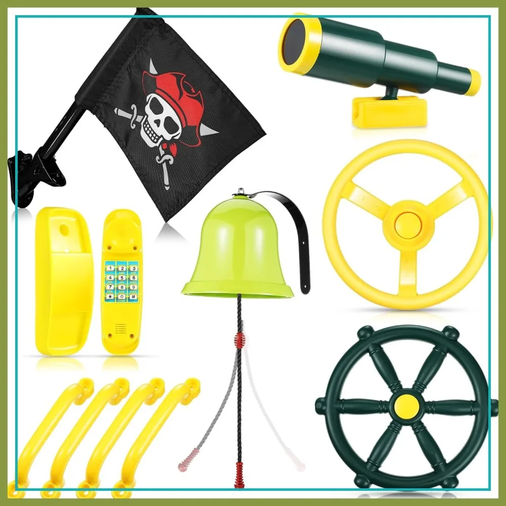 Foilswirl Swing Set Accessories Outdoor Playground Equipment with Telephone, Ship Wheel, Telescope, Bell, Safety Handle Bars, Pirate Flag for Playhouse
Foilswirl Swing Set Accessories Outdoor Playground Equipment with Telephone, Ship Wheel, Telescope, Bell, Safety Handle Bars, Pirate Flag for Playhouse
