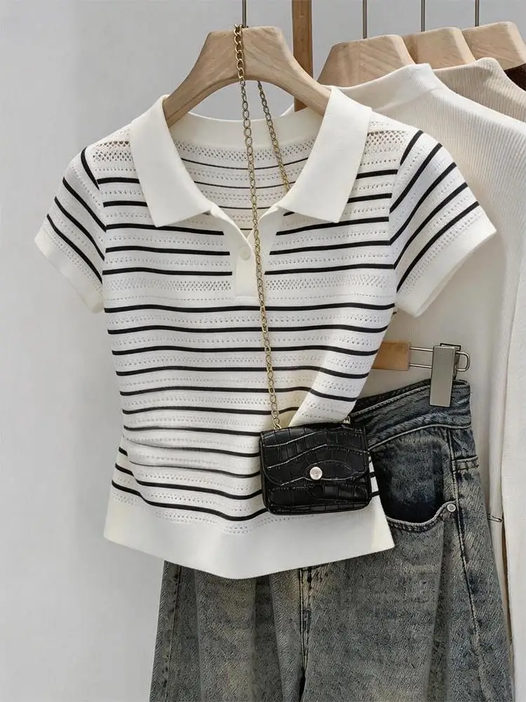 Elegant Neck Short Sleeve Knitted T-Shirt Women's Summer Striped Hollow out Design Breathable Casual Fashion Top
Elegant Neck Short Sleeve Knitted T-Shirt Women's Summer Striped Hollow out Design Breathable Casual Fashion Top