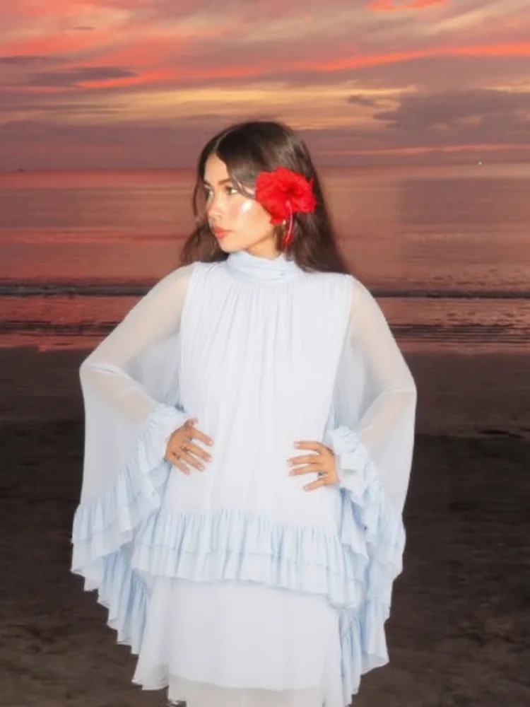 Layered Ruffled Women Shirt Dress Sunscreen Cover High Neck Pleated Beach Irregular Shawl Blouse Top Mesh Fashion Chiffon Shirts
Layered Ruffled Women Shirt Dress Sunscreen Cover High Neck Pleated Beach Irregular Shawl Blouse Top Mesh Fashion Chiffon Shirts