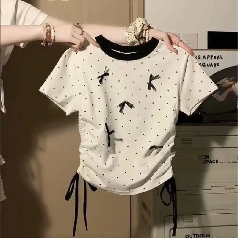 Женская одежда, летняя корейская модная однотонная однотонная одежда с круглым вырезом и коротким рукавом, женский бант в горошек, универсальная, тонкая
Женская одежда, летняя корейская модная однотонная однотонная одежда с круглым вырезом и коротким рукавом, женский бант в горошек, универсальная, тонкая