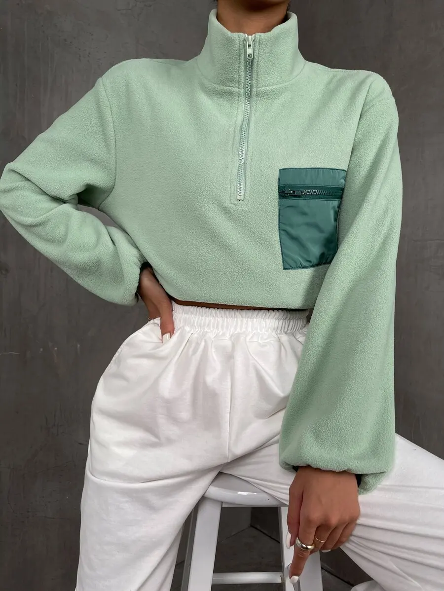 Mint Green Quarter Zip Fleece Pullover With Lantern Sleeve And Pocket
Mint Green Quarter Zip Fleece Pullover With Lantern Sleeve And Pocket