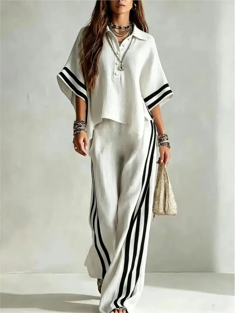 Spring Women's Loose Seven Sleeve Striped Lapel T-shirt Top+Pants Women's Casual Two Piece Set conjunto de 2 piezas para mujer
Spring Women's Loose Seven Sleeve Striped Lapel T-shirt Top+Pants Women's Casual Two Piece Set conjunto de 2 piezas para mujer