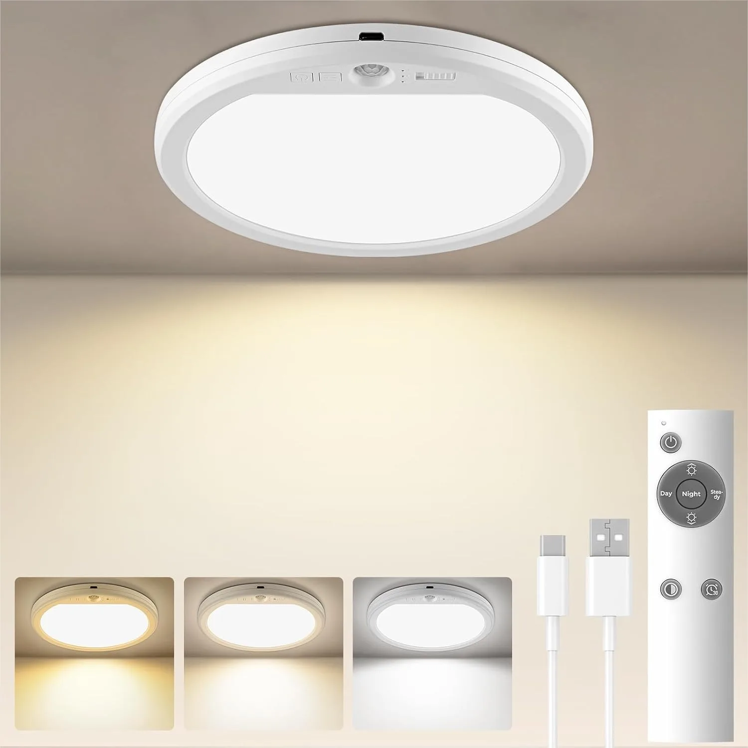 Rechargeable Motion Sensor Ceiling Light with Remote, 3000K-6500K Magnetic No Wiring Battery Powered for Shower Stairs Hallway
Rechargeable Motion Sensor Ceiling Light with Remote, 3000K-6500K Magnetic No Wiring Battery Powered for Shower Stairs Hallway