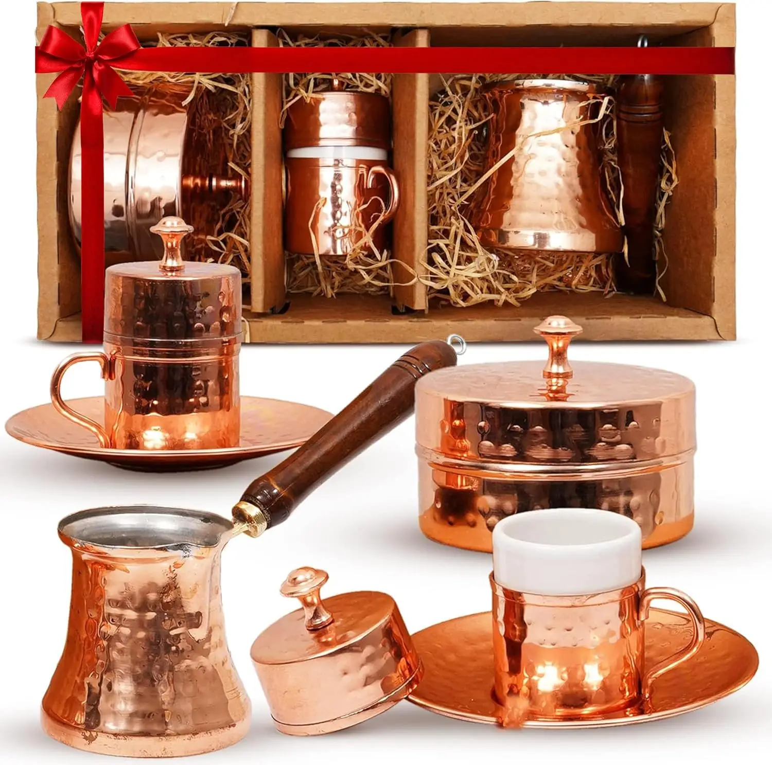 Turkish Coffee Set with Copper Cezve, 2 Cups & Sugar Dish - Traditional Gift for Coffee Lovers, 7oz
Turkish Coffee Set with Copper Cezve, 2 Cups & Sugar Dish - Traditional Gift for Coffee Lovers, 7oz