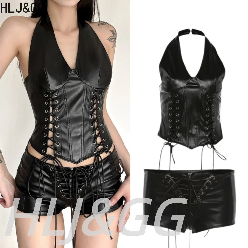 HLJ&GG Black Sexy Leather Hollow Bandage Two Piece Sets Women Halter V Neck Slim Crop Top And Shorts Outfits Fashion Streetwear
HLJ&GG Black Sexy Leather Hollow Bandage Two Piece Sets Women Halter V Neck Slim Crop Top And Shorts Outfits Fashion Streetwear