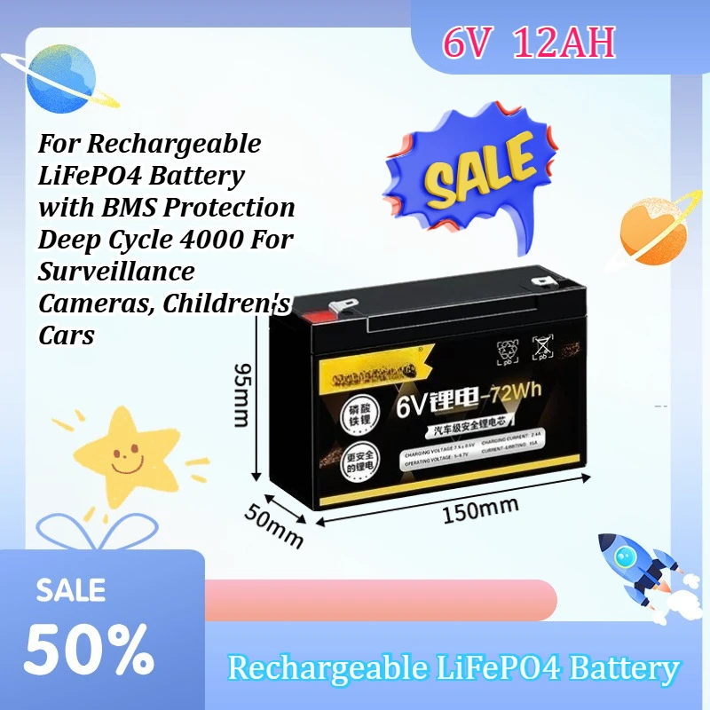 6V 12Ah 72Wh Rechargeable LiFePO4 Battery with BMS Protection Deep Cycle 4000 For Surveillance Cameras, Children's Cars
6V 12Ah 72Wh Rechargeable LiFePO4 Battery with BMS Protection Deep Cycle 4000 For Surveillance Cameras, Children's Cars