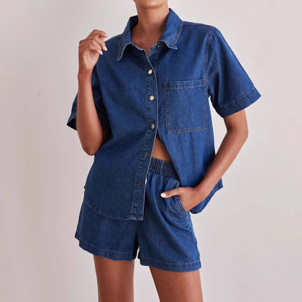 Summer 2025 2 piece sets woman outfit Washed retro solid color short sleeved shirt shorts denim suit for women
Summer 2025 2 piece sets woman outfit Washed retro solid color short sleeved shirt shorts denim suit for women