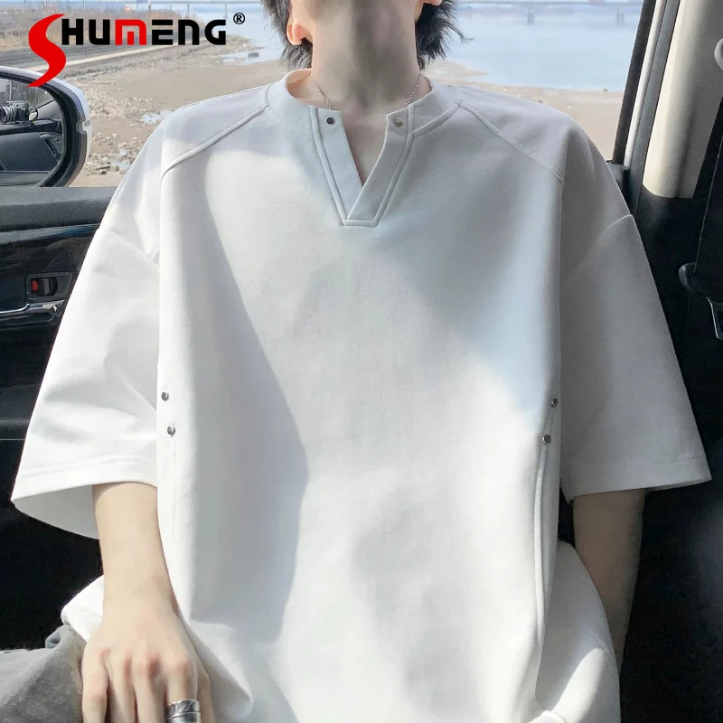 Rivet Short Sleeve Solid Color T-Shirts Men's 2026 Summer New V-Neck Comfort Half Sleeve Handsome Loose Five-quarter Sleeve Tops
Rivet Short Sleeve Solid Color T-Shirts Men's 2026 Summer New V-Neck Comfort Half Sleeve Handsome Loose Five-quarter Sleeve Tops