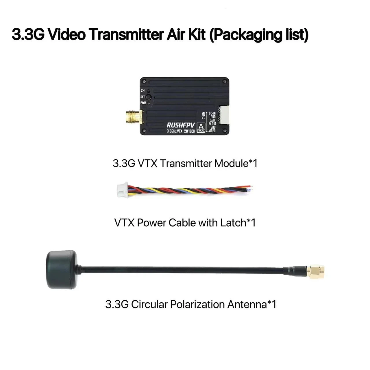 RUSHFPV 3.3G 2W VTX Transmitter FPV Transmitter Receiver DVR Module with Antenna for RC Long Rang Racer FPV Drone
RUSHFPV 3.3G 2W VTX Transmitter FPV Transmitter Receiver DVR Module with Antenna for RC Long Rang Racer FPV Drone