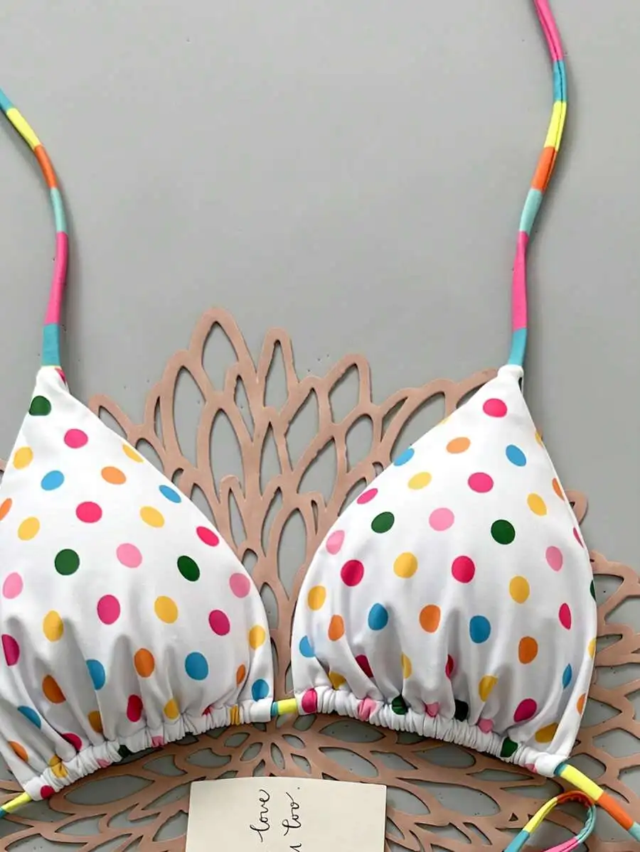 White Bikini Top With Multicolor Polka Dots And Rainbow Straps For Beach Holiday
White Bikini Top With Multicolor Polka Dots And Rainbow Straps For Beach Holiday