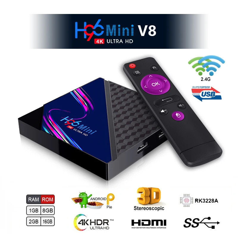 ТВ-приставка H96 MINI V8 на Android 10,0, 1 ГБ/2 ГБ/8 ГБ/16 ГБ, 4K, 2,4 ГБ, Wi-Fi, Google Player, телевизионная приставка с поддержкой IP и TV
ТВ-приставка H96 MINI V8 на Android 10,0, 1 ГБ/2 ГБ/8 ГБ/16 ГБ, 4K, 2,4 ГБ, Wi-Fi, Google Player, телевизионная приставка с поддержкой IP и TV