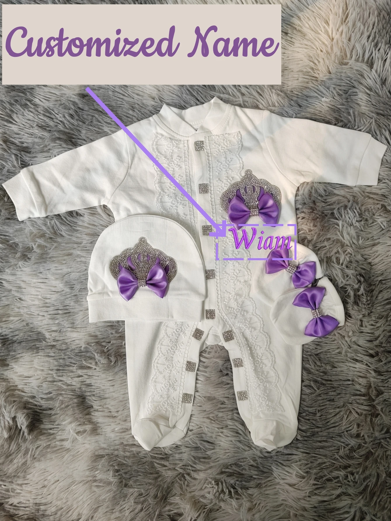 Dollbling Purple & Silver Crown 3-Piece Set For 0-3-Month Baby Customizable Name Bodysuit Pajamas Layette
Dollbling Purple & Silver Crown 3-Piece Set For 0-3-Month Baby Customizable Name Bodysuit Pajamas Layette