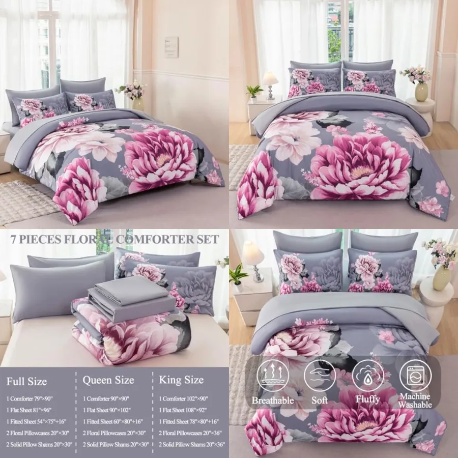 Pink Floral Comforter Set Full Size Bedding Comforter Sets Botanical Flower Bed Sets Colorful Fluffy 7 Pieces Bed in A Bag for
Pink Floral Comforter Set Full Size Bedding Comforter Sets Botanical Flower Bed Sets Colorful Fluffy 7 Pieces Bed in A Bag for