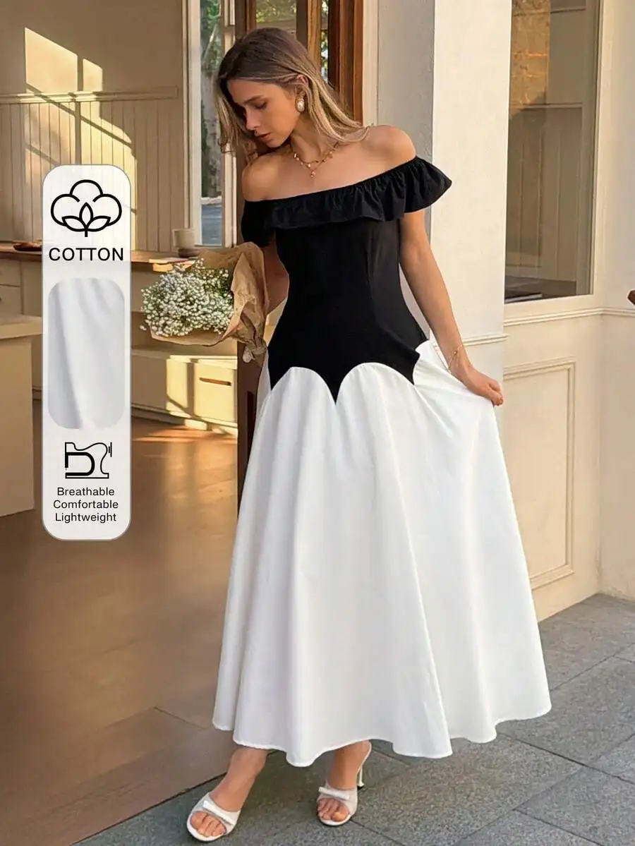 Black And White Color Block Off Shoulder Ruffle Hem Midi Dress For Women Spring Summer
Black And White Color Block Off Shoulder Ruffle Hem Midi Dress For Women Spring Summer