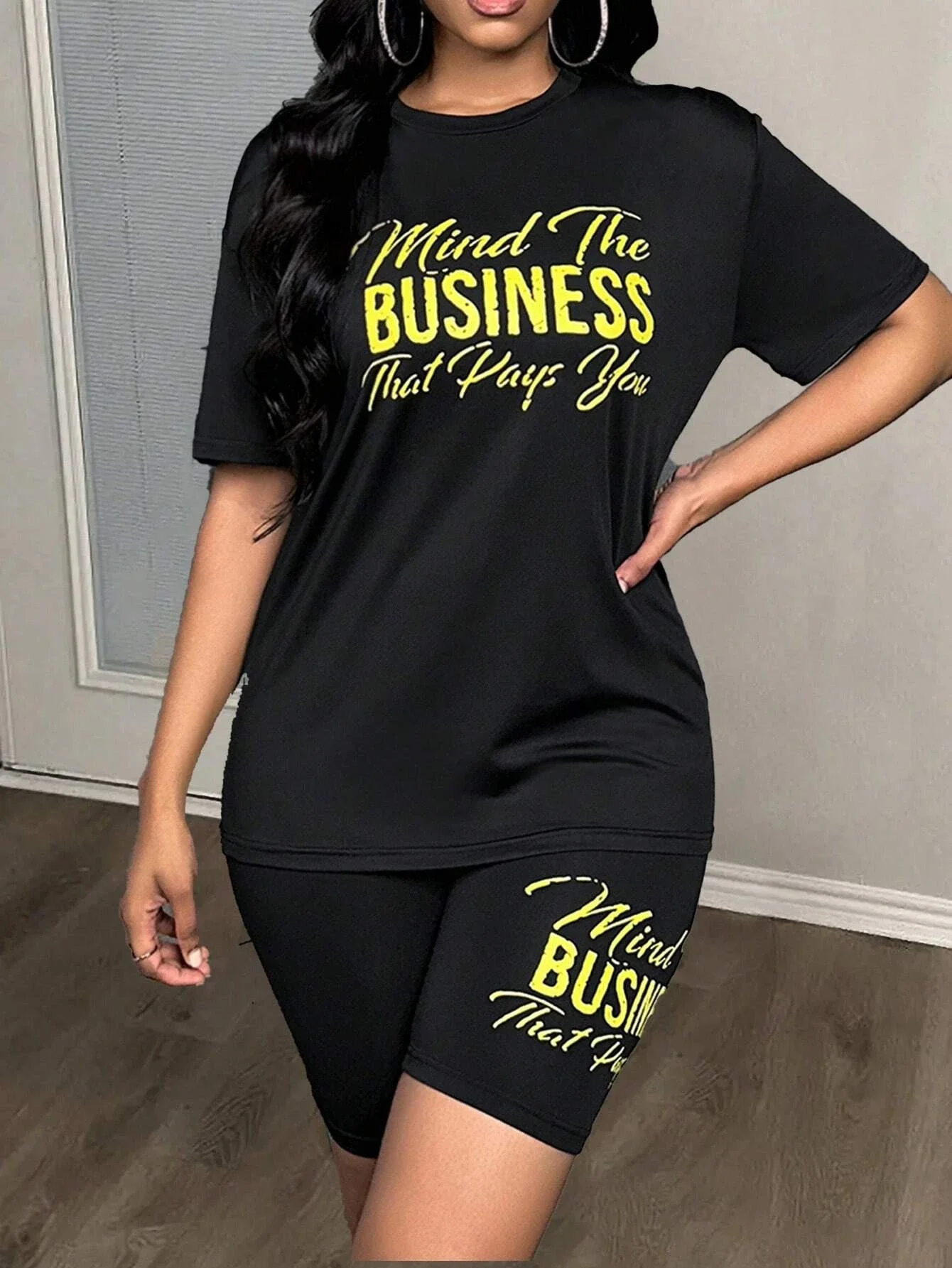 Mind The Business That Days You Letter Printing T-shirt Set A Casual And Fashionable Polyester Elastic Cotton Two Piece Set
Mind The Business That Days You Letter Printing T-shirt Set A Casual And Fashionable Polyester Elastic Cotton Two Piece Set