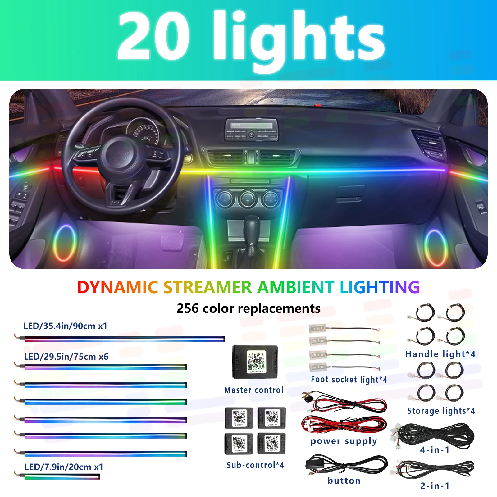 64-цветная RGB симфоническая автомобильная полоса окружающего освещения, управление через приложение, внутренняя акриловая направляющая, светодиодная атмосферная лампа
64-цветная RGB симфоническая автомобильная полоса окружающего освещения, управление через приложение, внутренняя акриловая направляющая, светодиодная атмосферная лампа