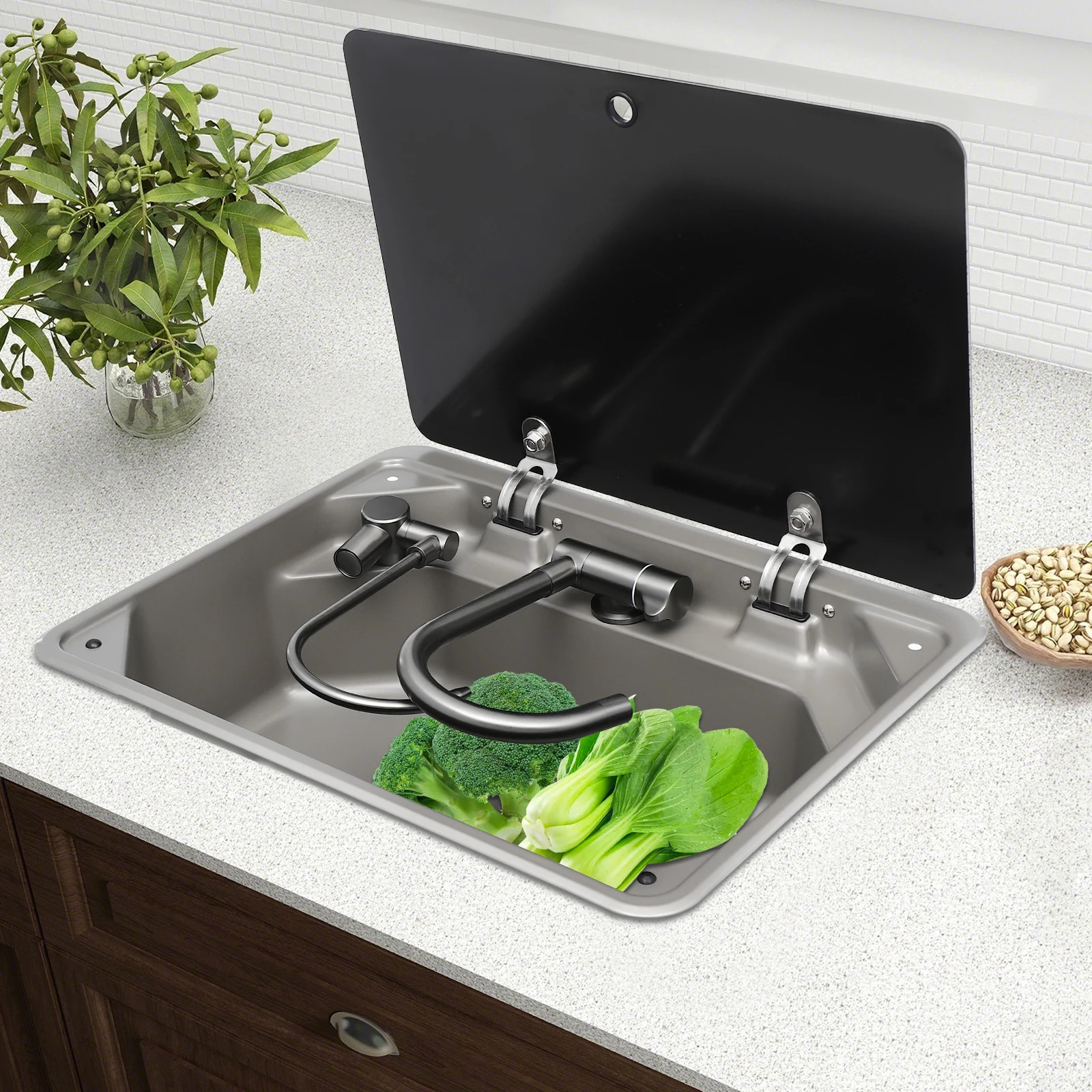 17.83×12.8in 304 Stainless Steel RV Sink, Compact Basin with Glass Cover & Foldable Tap for Camper Yacht Cafe Bar & Kitchen
17.83×12.8in 304 Stainless Steel RV Sink, Compact Basin with Glass Cover & Foldable Tap for Camper Yacht Cafe Bar & Kitchen
