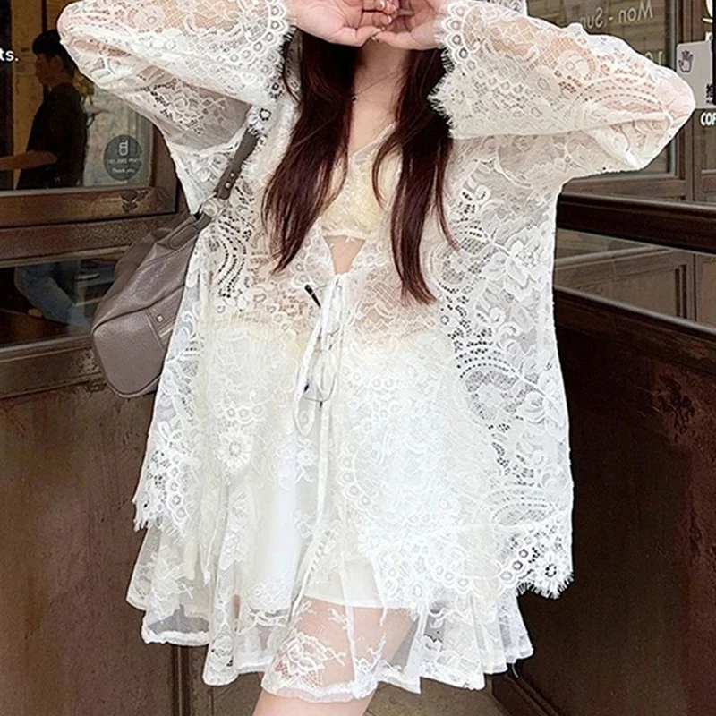 Women's Transparent White Lace Hoody Shirts With Tie Front Spring Summer Long Sleeve Sun-Protection Thin Sheer Cardigan Cute Top
Women's Transparent White Lace Hoody Shirts With Tie Front Spring Summer Long Sleeve Sun-Protection Thin Sheer Cardigan Cute Top