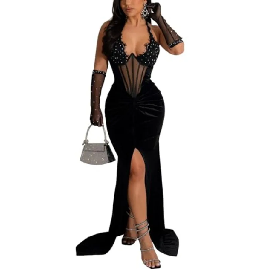 Jigfar Women's Sexy Elegant Rhinestone Embellished Velvet Party Club Night Bodycon Formal Evening Maxi Dress
Jigfar Women's Sexy Elegant Rhinestone Embellished Velvet Party Club Night Bodycon Formal Evening Maxi Dress