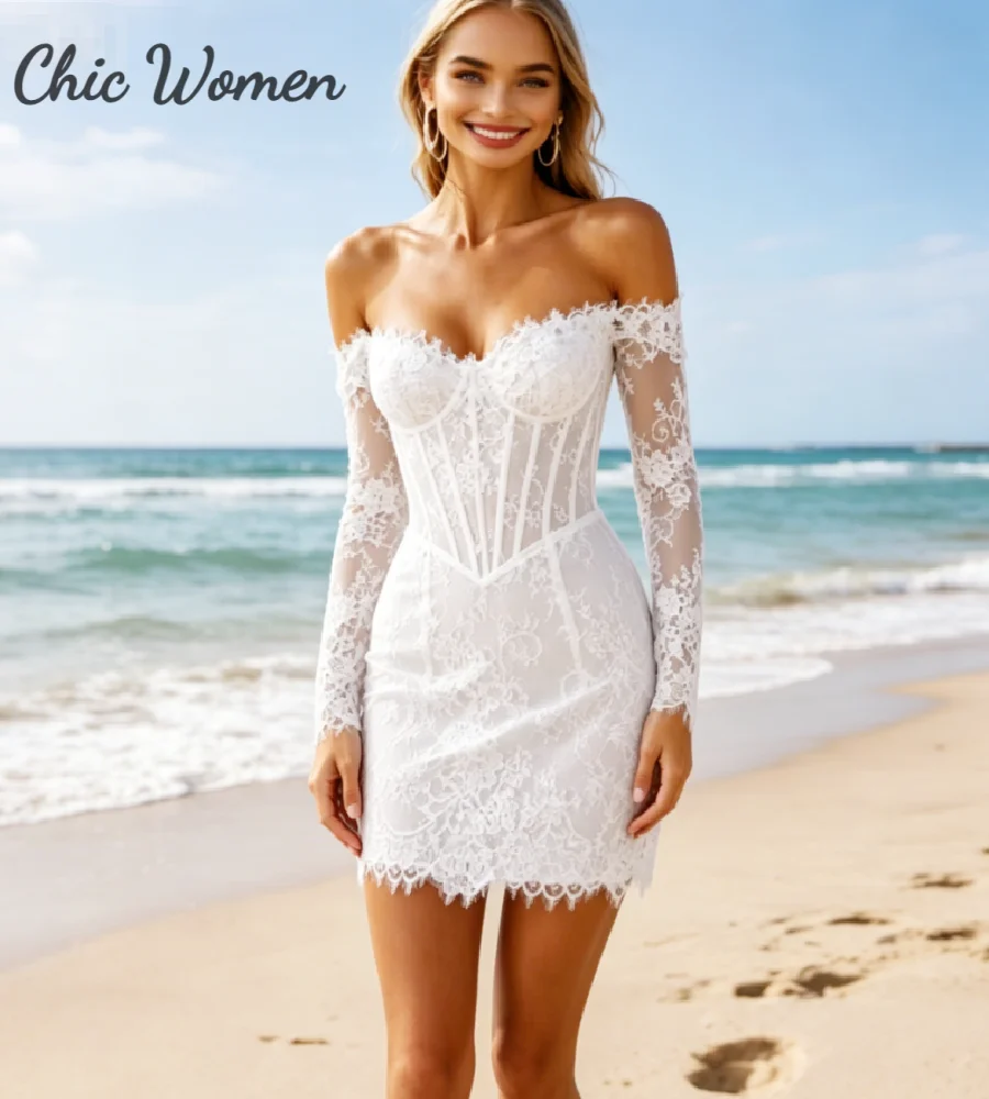 White Lace Short Wedding Dress 2026 Off Shoulder Long Sleeve Corset Mini Boho Bridal Gown Sheer Lace Bodycon for Beach Elopement
White Lace Short Wedding Dress 2026 Off Shoulder Long Sleeve Corset Mini Boho Bridal Gown Sheer Lace Bodycon for Beach Elopement