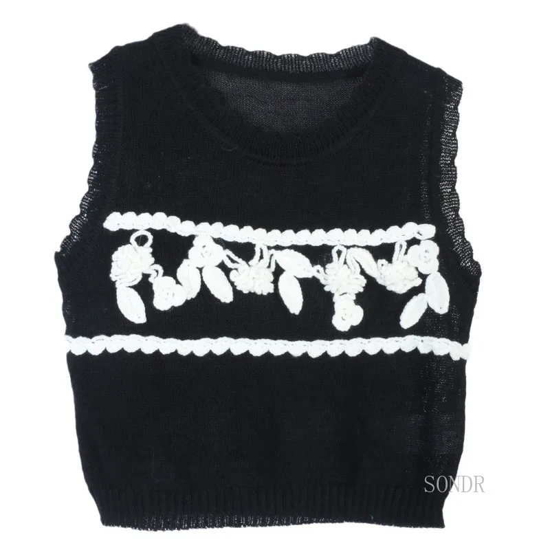 Women's Black Vest with White Appliques, Crew Neck, Knitted Sweater Vest, Hand Hook Tank Tops, 3D Flower, Sleeveless Top, 2024
Women's Black Vest with White Appliques, Crew Neck, Knitted Sweater Vest, Hand Hook Tank Tops, 3D Flower, Sleeveless Top, 2024