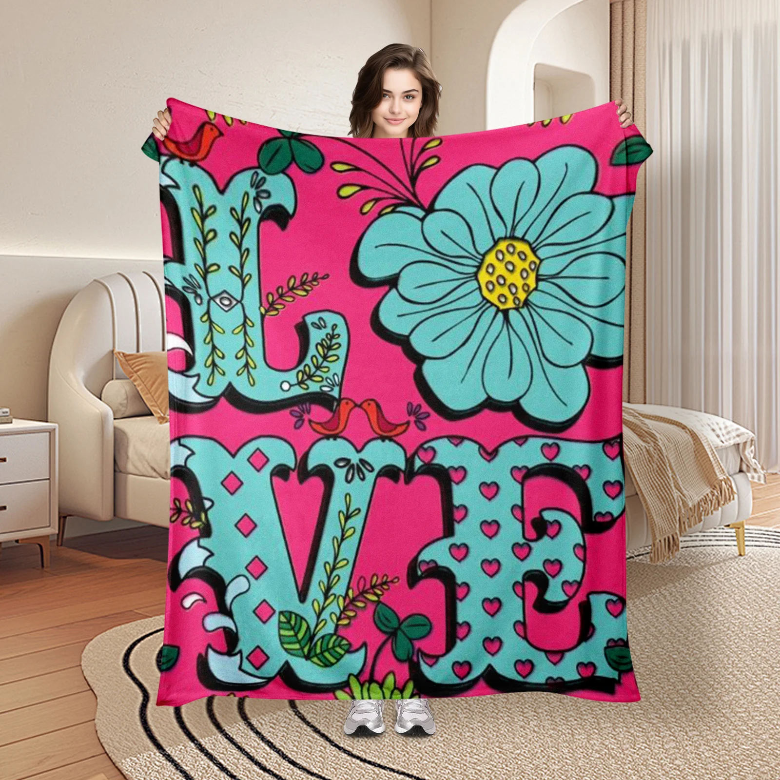 Charming Love Art Blanket In Pink With Floral And Leaf Patterns Accented By Blue Details For A Stylish Home Decor Upgrade
Charming Love Art Blanket In Pink With Floral And Leaf Patterns Accented By Blue Details For A Stylish Home Decor Upgrade